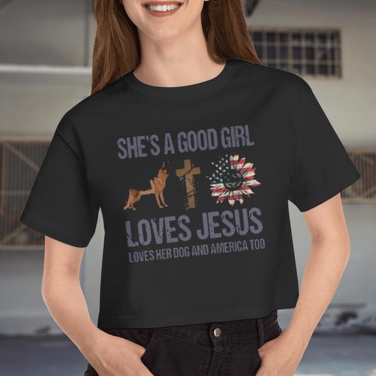 She's A Good Girl Loves Jesus Loves Her Dog And America Too Women Cropped T-shirt