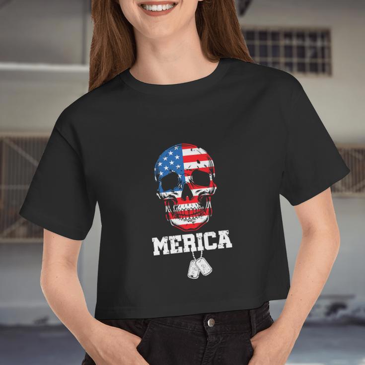 Skull Merica Patriotic American Flag 4Th Of July Women Cropped T-shirt