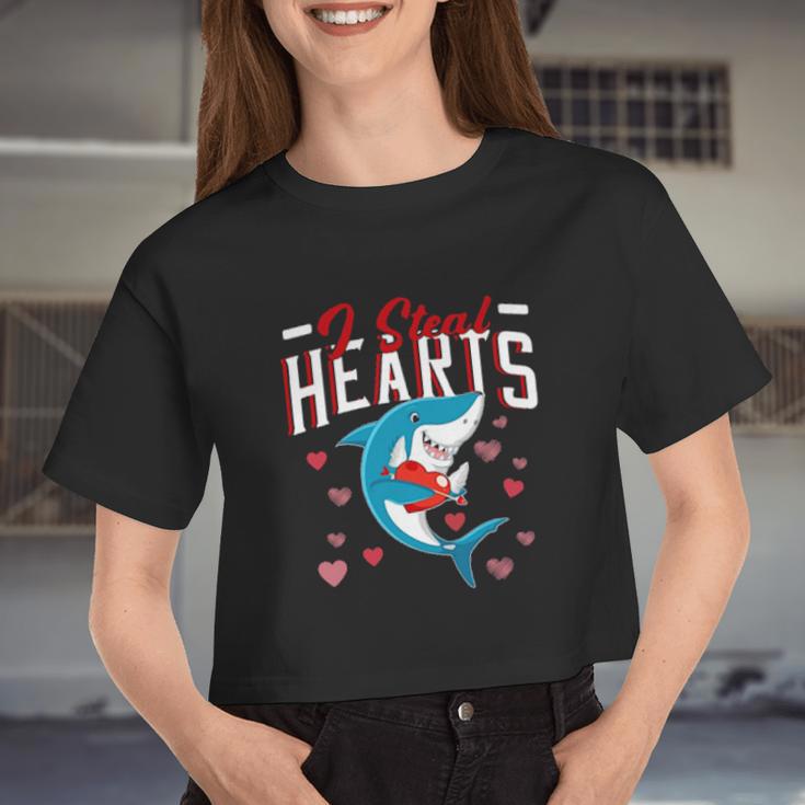 I Steal Hearts Shirt Valentines Day Boys Girls Shark Women Cropped T-shirt