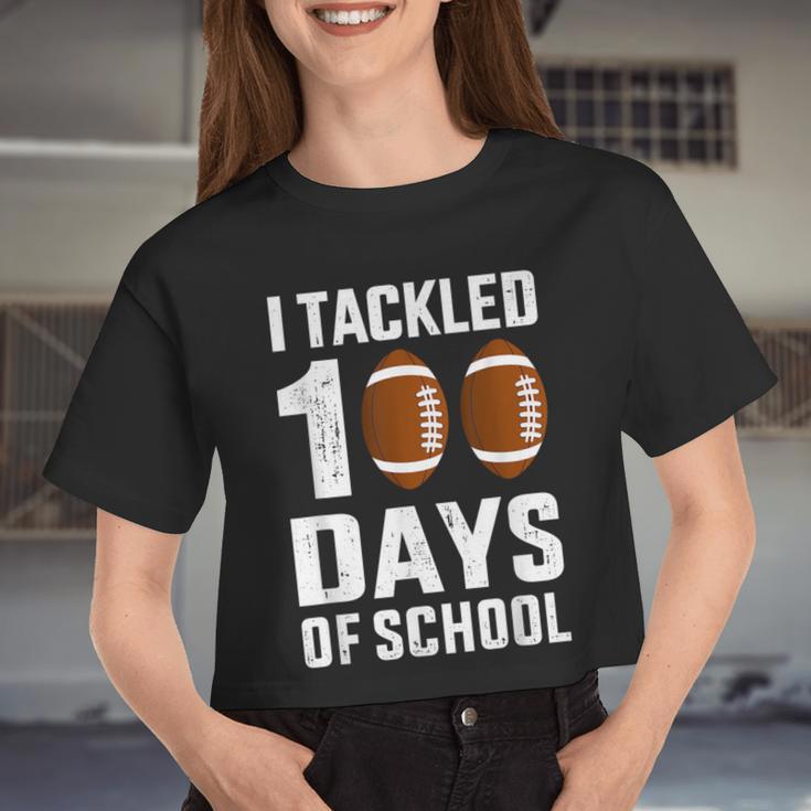 I Tackled 100 Days School 100Th Day Football Student Teacher Women Cropped T-shirt