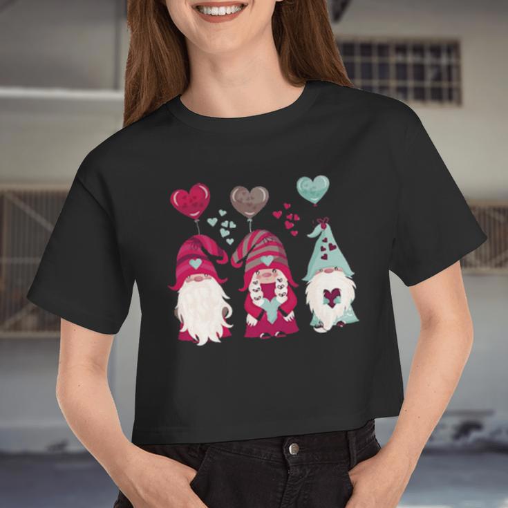 Three Gnomes Holding Hearts Valentines Boys Girls Kids Women Cropped T-shirt