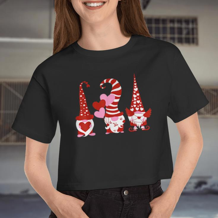 Three Gnomes Holding Hearts Valentines Boys Girls Women Cropped T-shirt