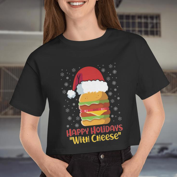 Ugly Christmas Sweater Burger Happy Holidays With Cheese V10 Women Cropped T-shirt