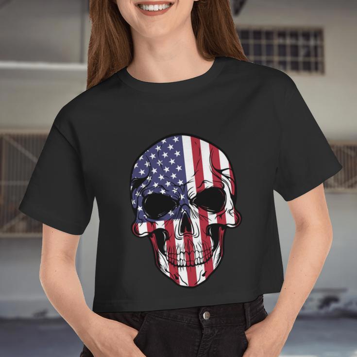 Us American Flag Patriotic Skull Women Cropped T-shirt