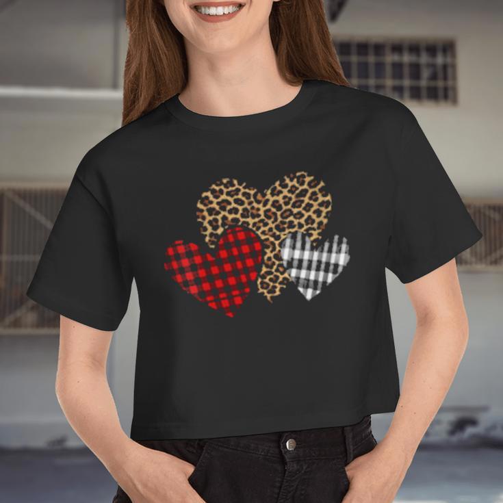 Valentines 3 Hearts Buffalo Plaid Leopard Mom Grandmother Women Cropped T-shirt