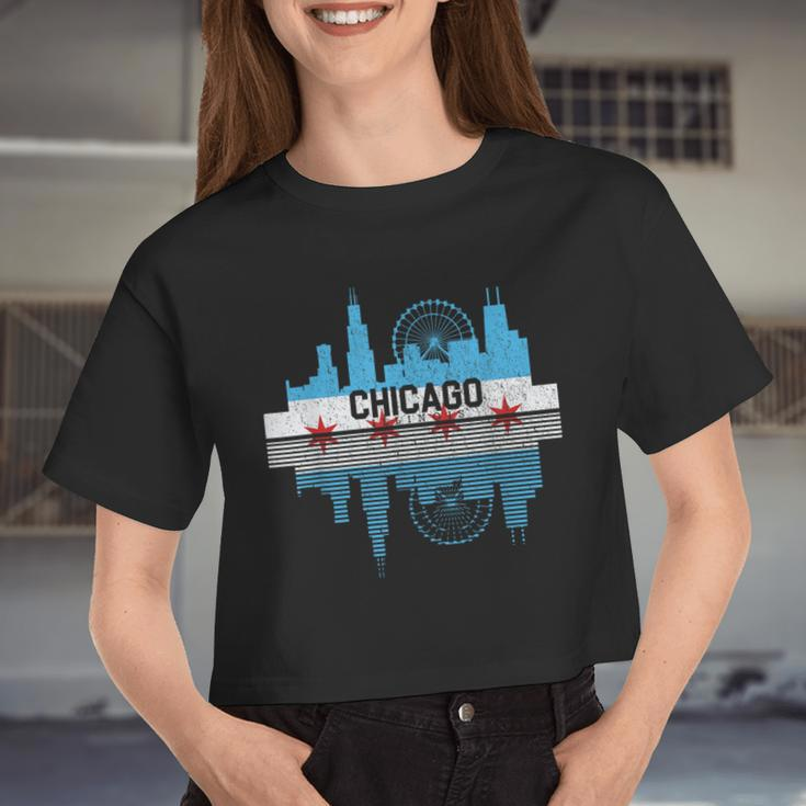 Vintage Chicago Illinois Flag Skyline Women Women Cropped T-shirt