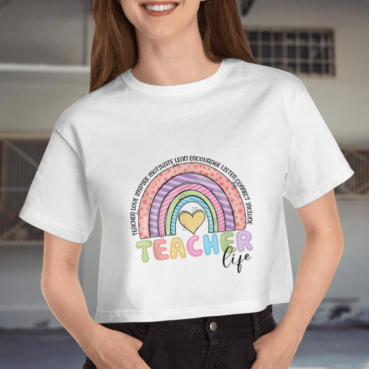 Cute Rainbow Teacher Life Teacher Last Day Of School Women Cropped T-shirt
