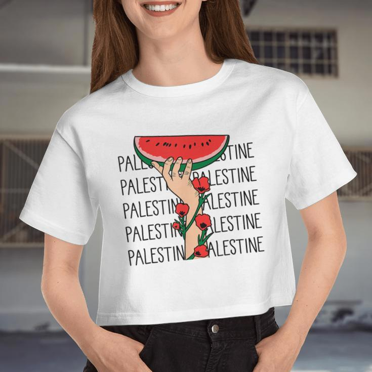 Floral Palestine Watermelon Map Free Palestine Women Cropped T-shirt