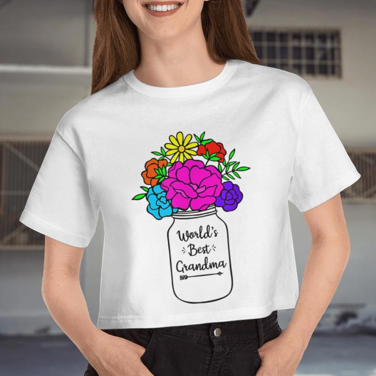 Mason Jar Colorful Flowers Bouquet Women Cropped T-shirt