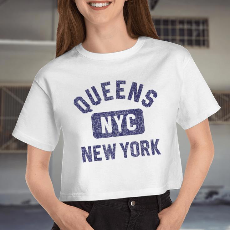 Queens Nyc Gym Style Distressed Navy Blue Print Women Cropped T-shirt