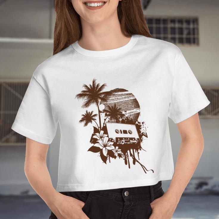 Summer Party Brown Palm Trees Flower Cassette Women Cropped T-shirt