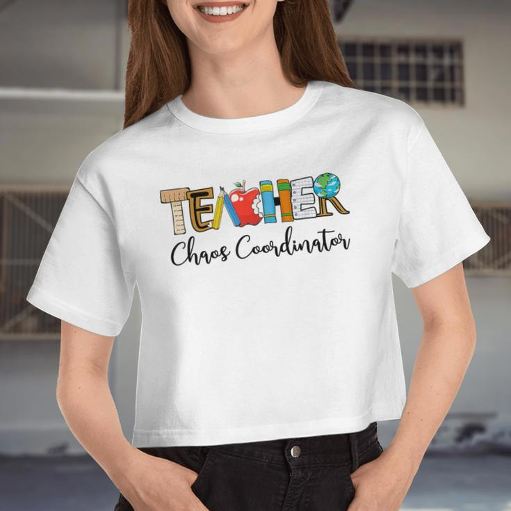 Teacher Apple Ruler Pencil Book Notebook Chaos Coordinator Women Cropped T-shirt