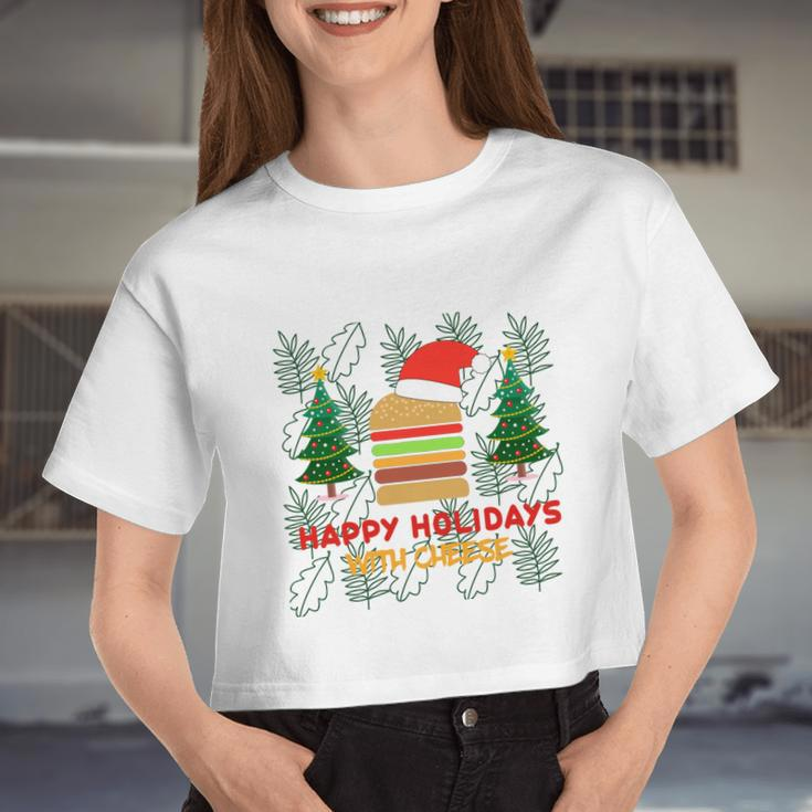 Ugly Christmas Sweater Burger Happy Holidays With Cheese V17 Women Cropped T-shirt