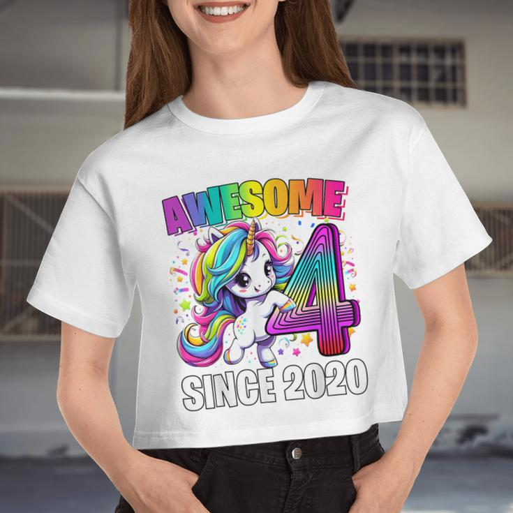 Unicorn 4Th Birthday 4 Year Old Unicorn Party Girls Outfit Women Cropped T-shirt