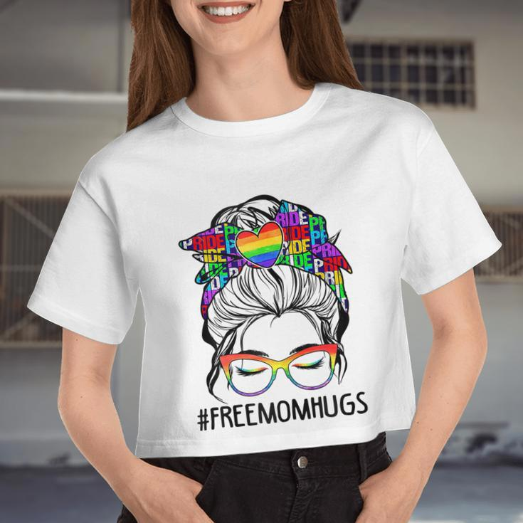 Womens Free Mom Hugs Messy Bun Lgbt Pride Women Cropped T-shirt