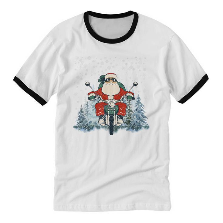 Biker Santa Claus On Motorcycle Christmas Biking Ride Cotton Ringer T-Shirt