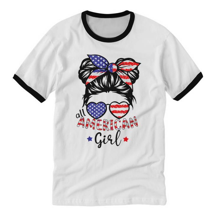 All American Girls 4Th Of July Messy Bun Girl Kids  Cotton Ringer T-Shirt