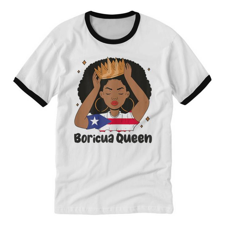 Boricua Queen Afro Hair Latina Heritage Puerto Rico Queen Cotton Ringer T-Shirt