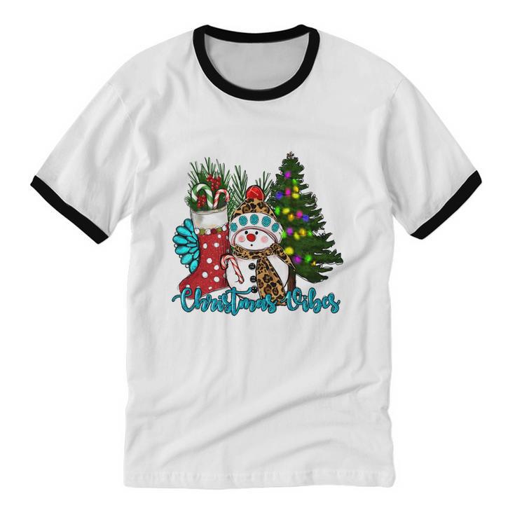 Christmas Vibes Snowman Christmas Trees Cotton Ringer T-Shirt