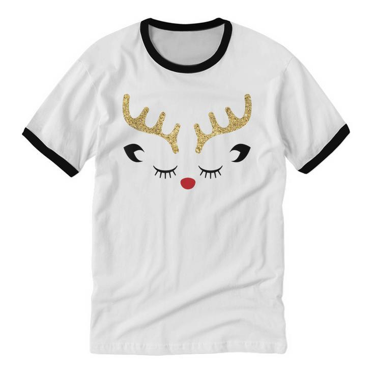 Cute Christmas Reindeer Red Nose Girls HolidayCotton Ringer T-Shirt