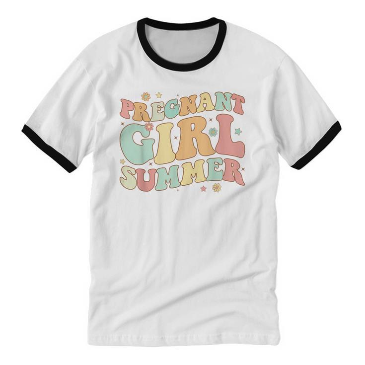 Groovy Pregnancy Reveal Pregnant Girl Summer Baby Shower  Cotton Ringer T-Shirt