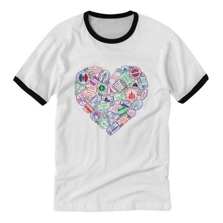 Heart Shaped Passport Travel Stamp Cotton Ringer T-Shirt