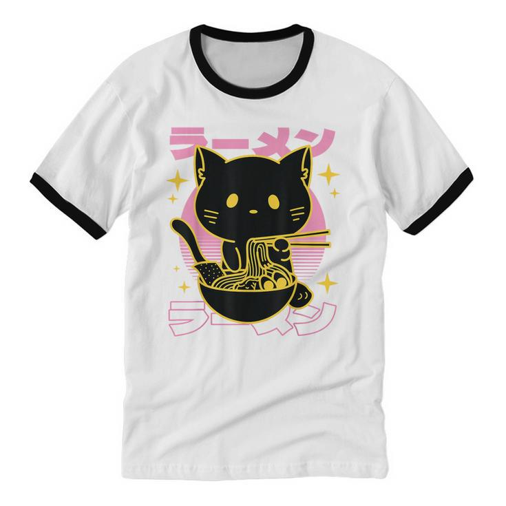 Kawaii Cat Eating Ramen Noodles Anime Neko Girls Cotton Ringer T-Shirt