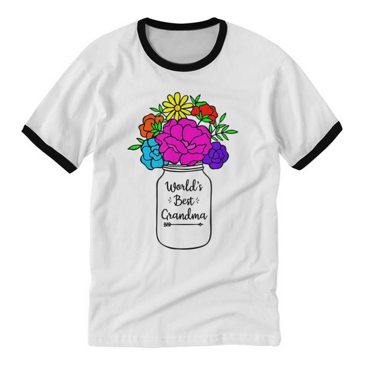 Mason Jar Colorful Flowers Bouquet Cotton Ringer T-Shirt