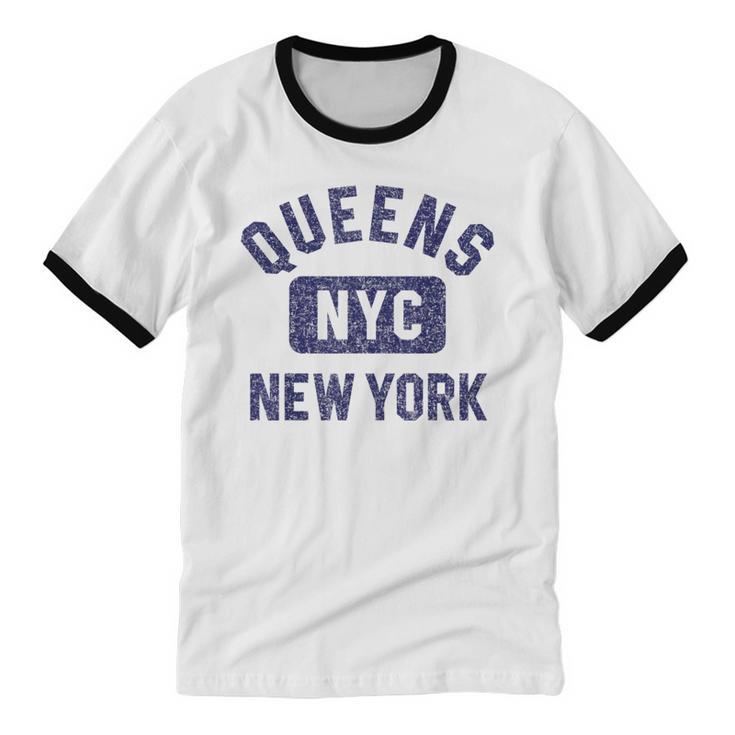 Queens Nyc Gym Style Distressed Navy Blue Print Cotton Ringer T-Shirt
