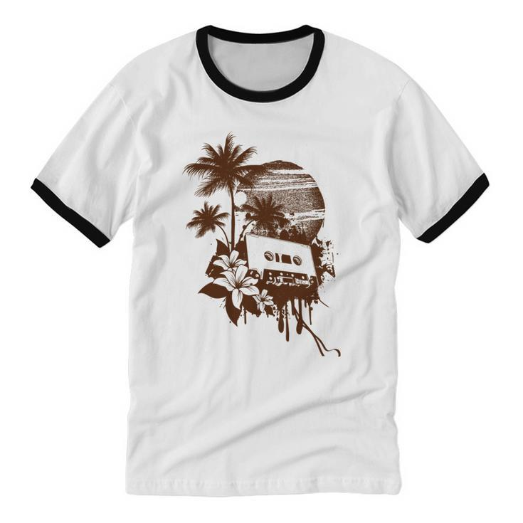Summer Party Brown Palm Trees Flower Cassette Cotton Ringer T-Shirt
