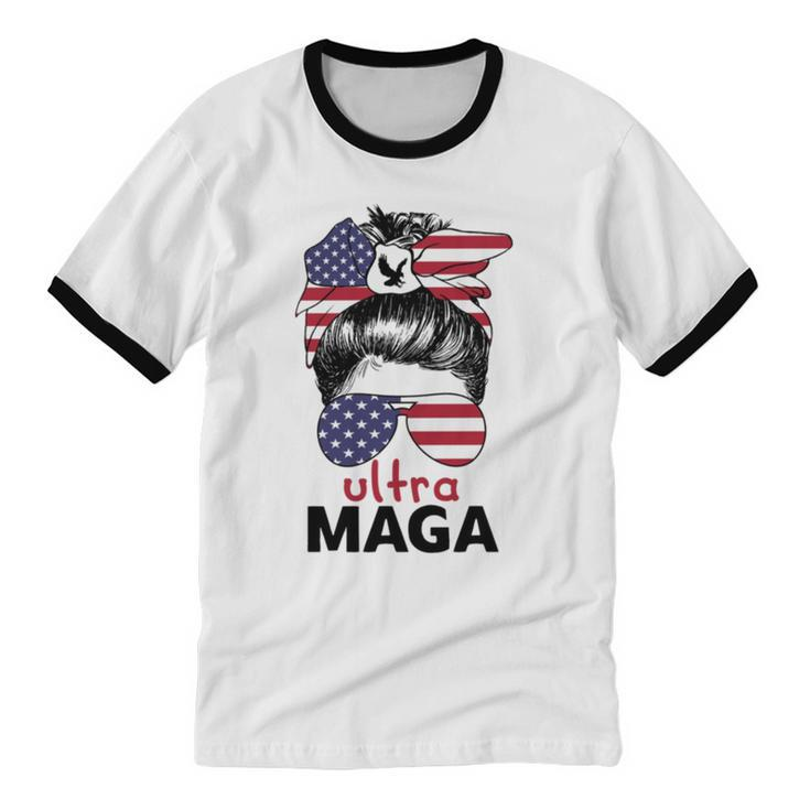 Ultra Maga American Flag Womens Messy Bun Wearing Glasses Cotton Ringer T-Shirt