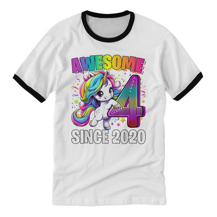 Unicorn 4Th Birthday 4 Year Old Unicorn Party Girls Outfit Cotton Ringer T-Shirt
