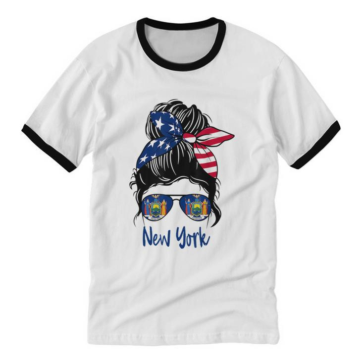 New York Girl New York Flag State Girlfriend Messy Bun  Cotton Ringer T-Shirt