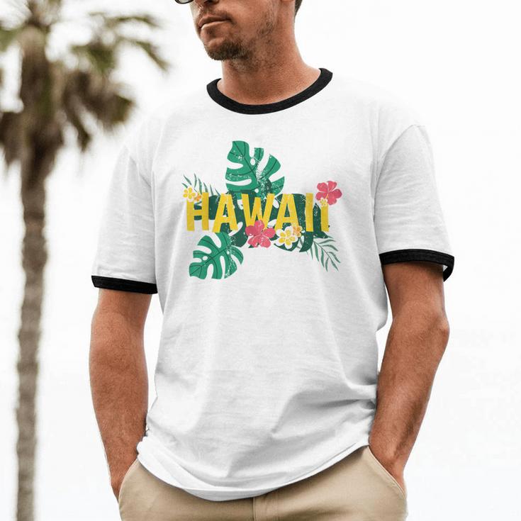 Aloha Hawaiian Sumer Vacation Tropical Flowers Hawaii Cotton Ringer T-Shirt