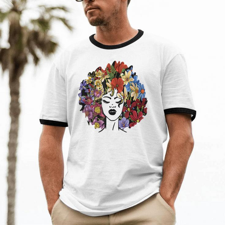 Black Queen Lady Curly Natural Afro African Black Hair Cotton Ringer T-Shirt