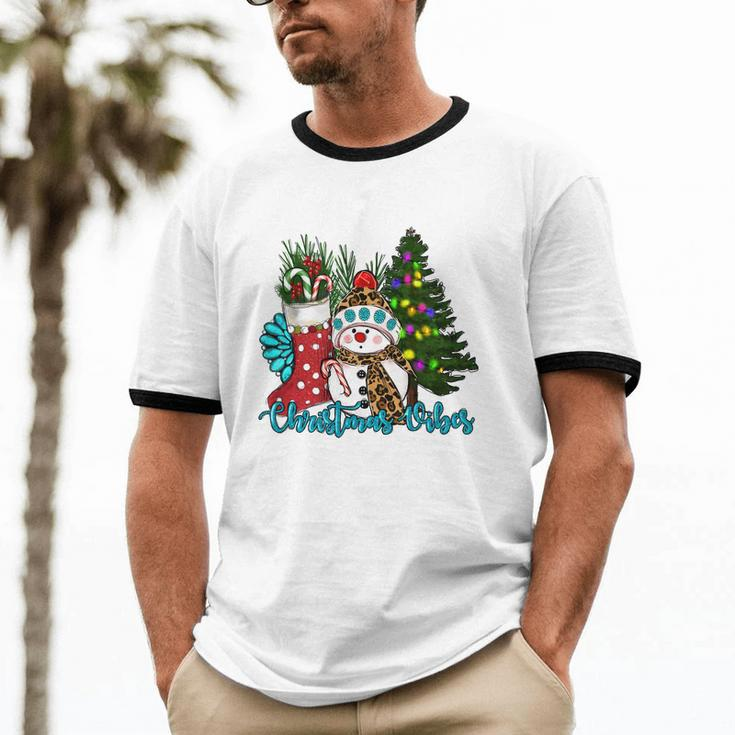 Christmas Vibes Snowman Christmas Trees Cotton Ringer T-Shirt