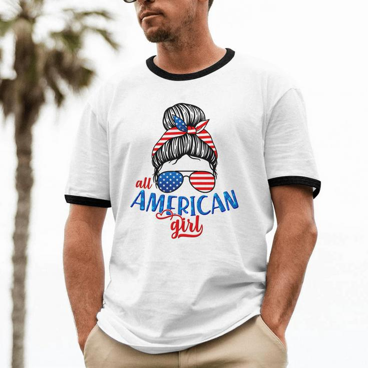 Cute All American Girl Usa Flag Cotton Ringer T-Shirt