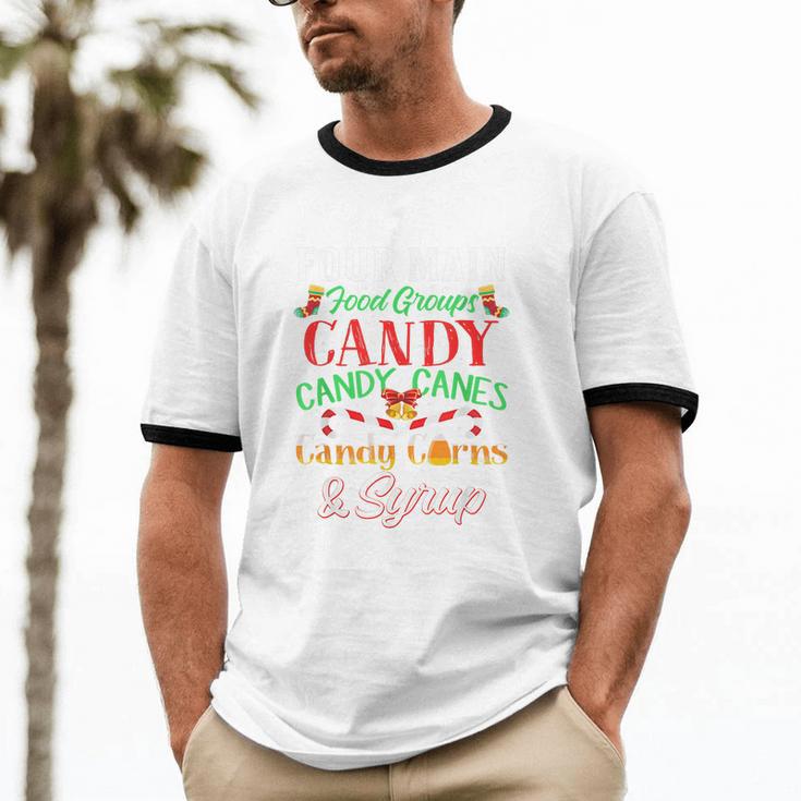 Four Main Food Groups Elf Buddy Christmas Pajama Shirt Xmas Cotton Ringer T-Shirt