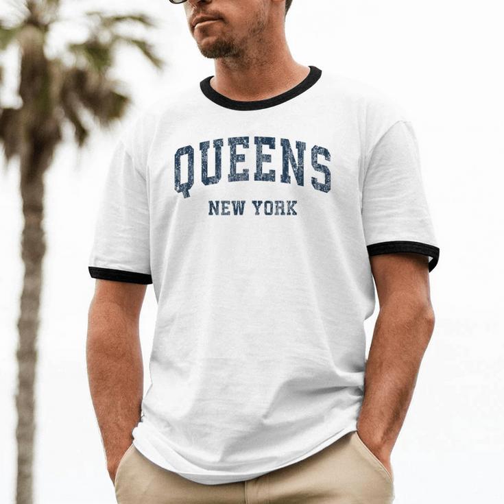 Queens New York Ny Vintage Varsity Sports Navy Cotton Ringer T-Shirt