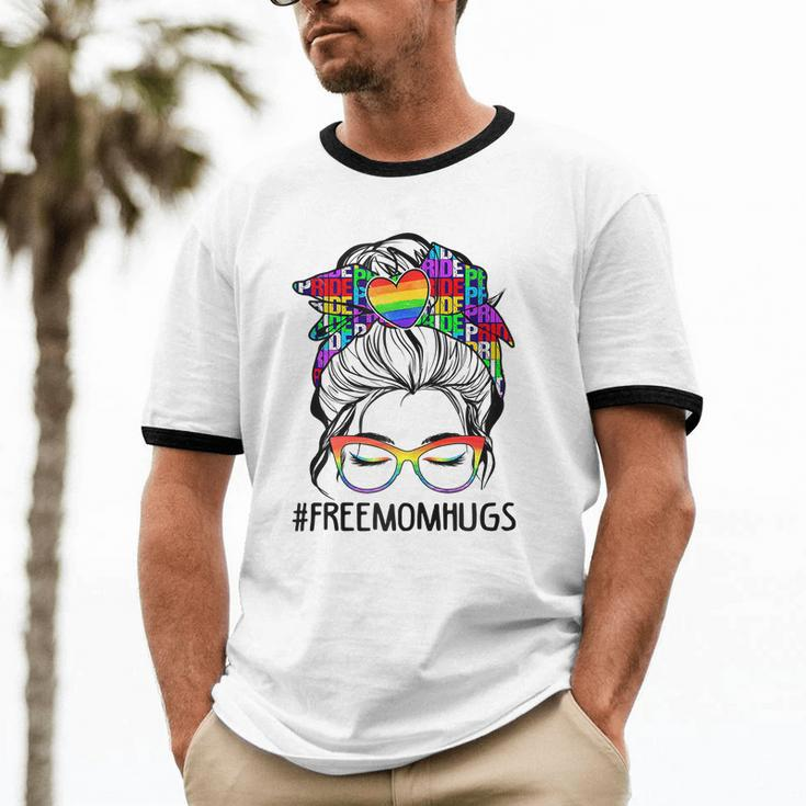 Womens Free Mom Hugs Messy Bun Lgbt Pride Cotton Ringer T-Shirt