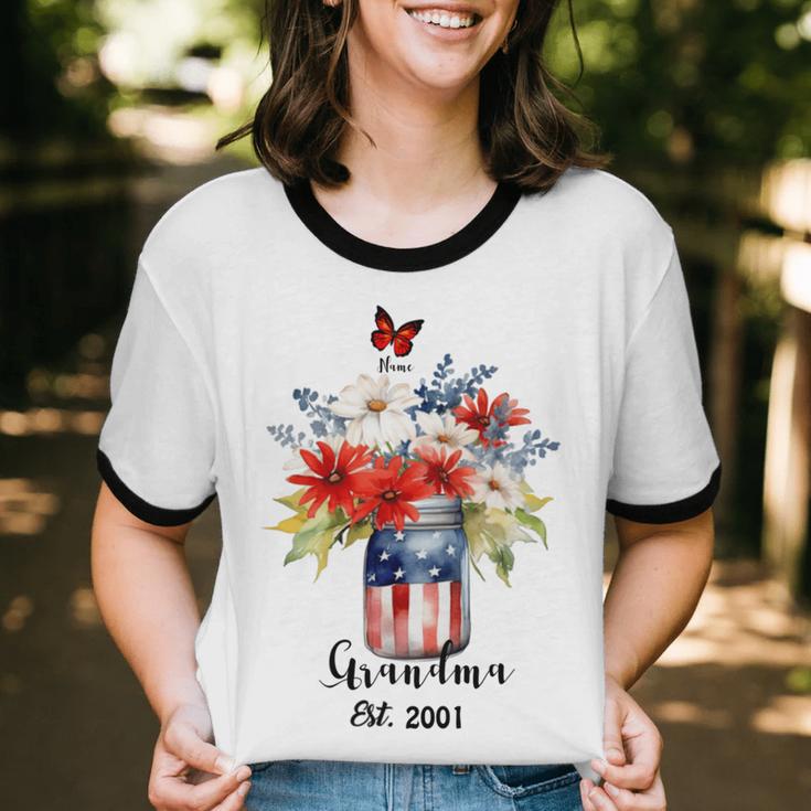 4Th Of July Shirt Personalized Grandma Shirt Custom 4Th Of July Nana Flower With Grandchild Names 4Th Of July Grandma Shirt Patriotic Cotton Ringer T-Shirt