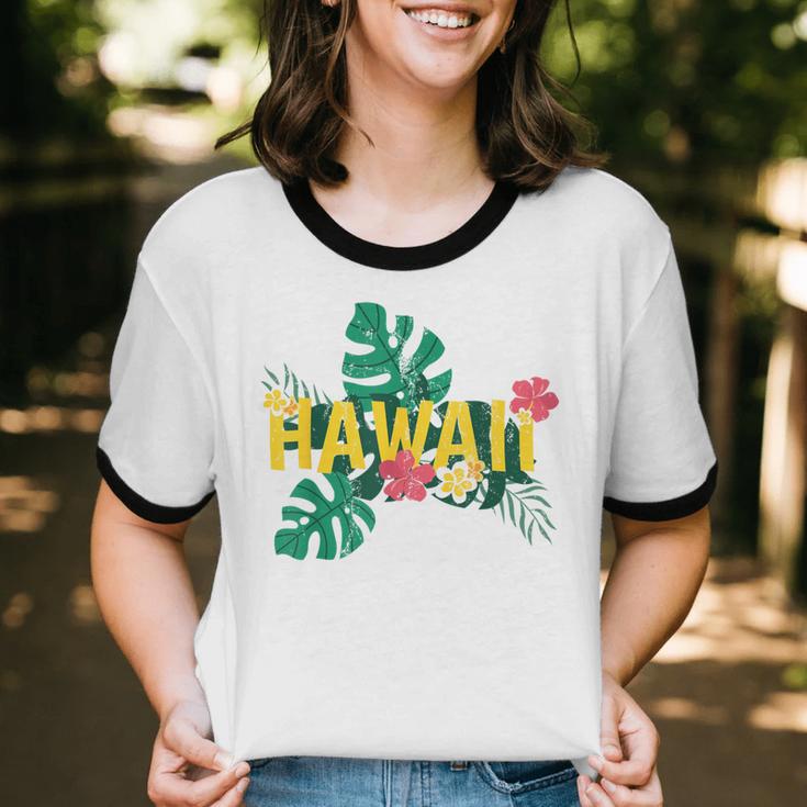 Aloha Hawaiian Sumer Vacation Tropical Flowers Hawaii Cotton Ringer T-Shirt