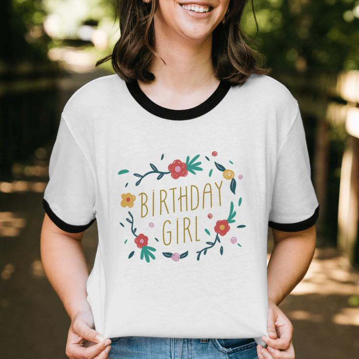 Birthday Girl Floral 1 V2 Cotton Ringer T-Shirt