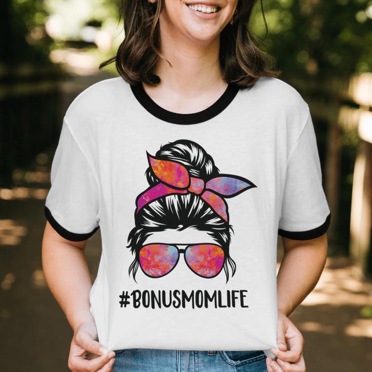 Bonus Mom Life Stepmom Messy Bun Hair For Woman Cotton Ringer T-Shirt