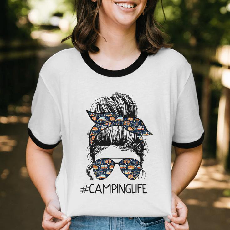 Camping Life Messy Bun Hair Mother's Day Camping Lovers Tshirt Cotton Ringer T-Shirt