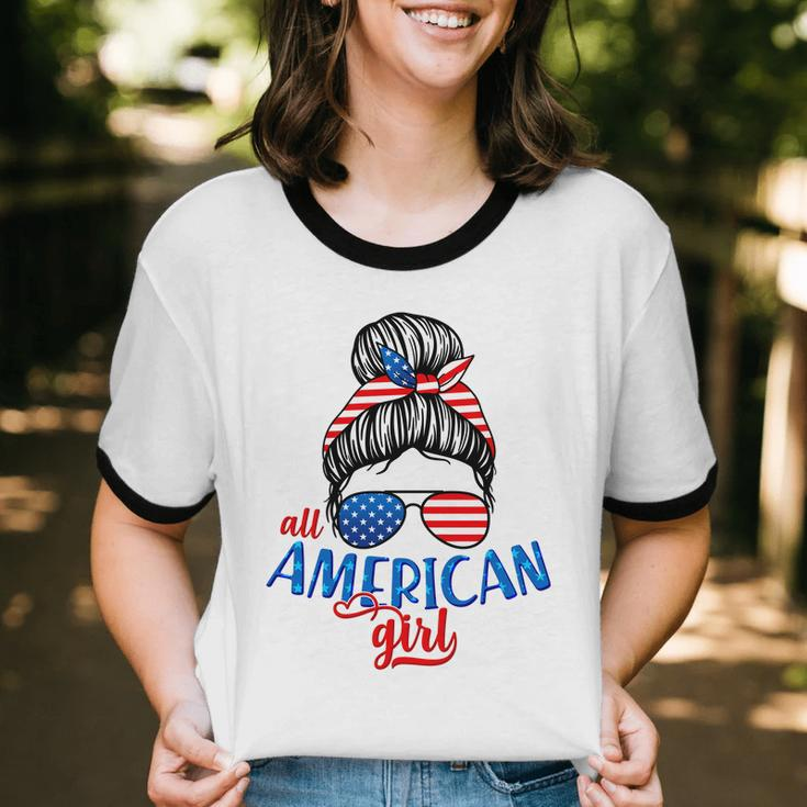 Cute All American Girl Usa Flag Cotton Ringer T-Shirt