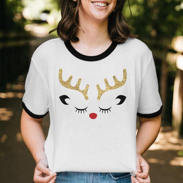 Cute Christmas Reindeer Red Nose Girls HolidayCotton Ringer T-Shirt