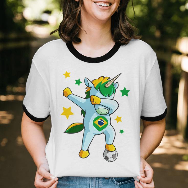 Dabbing Unicorn Support Jersey Brazil Soccer Girls Cotton Ringer T-Shirt