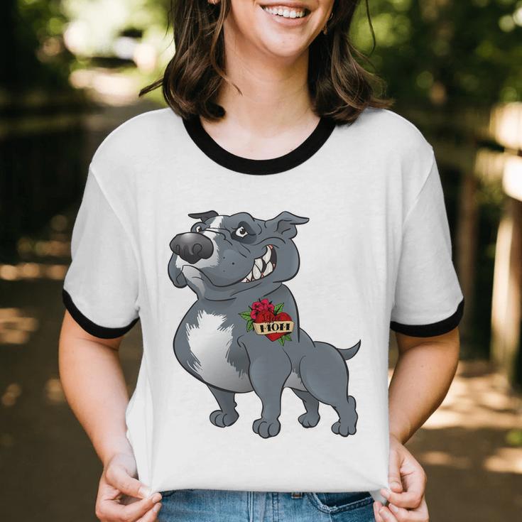 Grey Pitbull I Love Mom Cotton Ringer T-Shirt