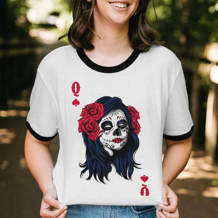 Halloween Sugar Skull With Red Floral Halloween By Mesa Cute Cotton Ringer T-Shirt